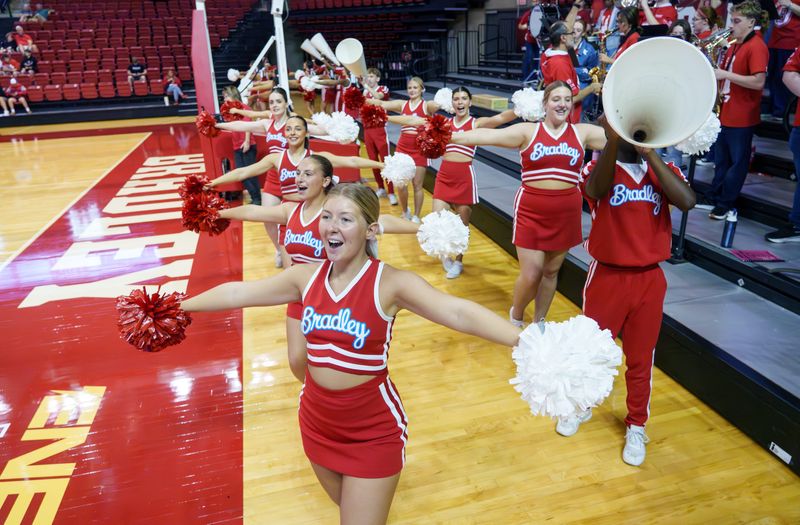 The Bradley cheerleaders pump up the crowd during the annual Red-White Showcase scrimmage Saturday, Oct. 18, 2025 at Renaissance Coliseum.