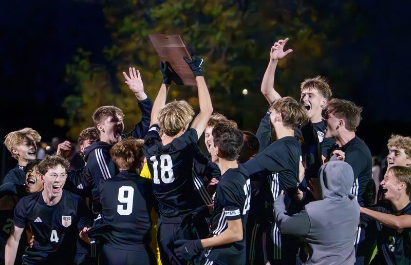 The Washington Panthers celebrate their 1-0 win over Morton for the Class 2A soccer regional championship Friday, Oct. 24, 2025 at McClallen Park in Morton.