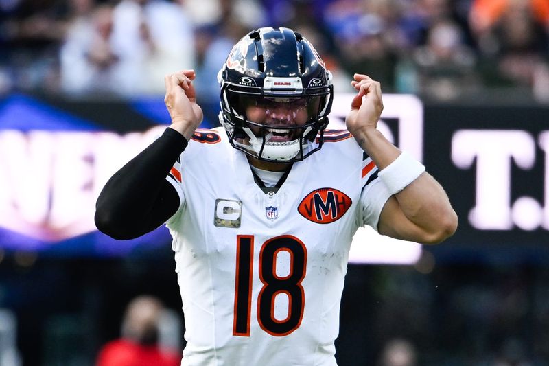Oct 26, 2025; Baltimore, Maryland, USA; Chicago Bears quarterback Caleb Williams (18) callas a play during the fourth quarter against the Baltimore Ravens at M&T Bank Stadium. Mandatory Credit: Tommy Gilligan-Imagn Images