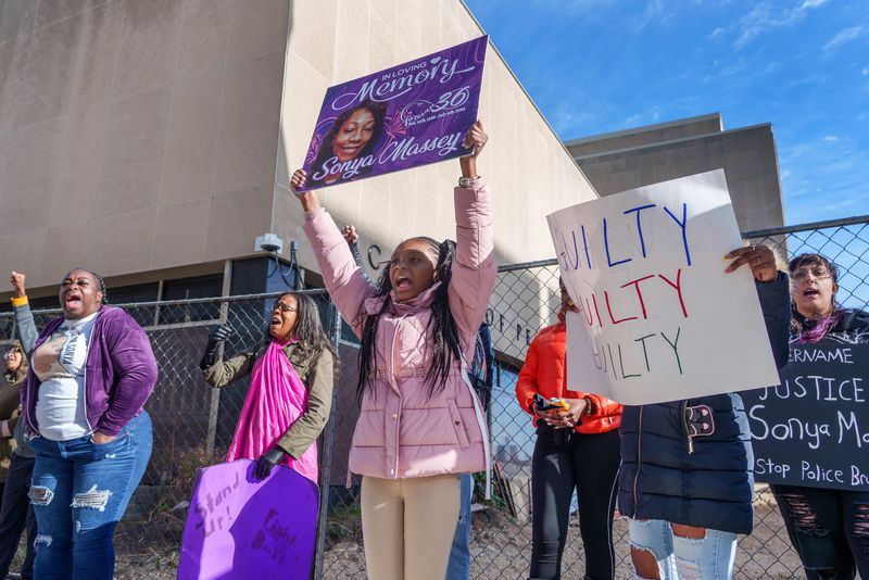 Jakayla Carter, 10, of Peoria joins in the protest during the Sean Grayson trial Wednesday, Oct. 22, 2025 outside the Peoria County Courthouse in Downtown Peoria.
