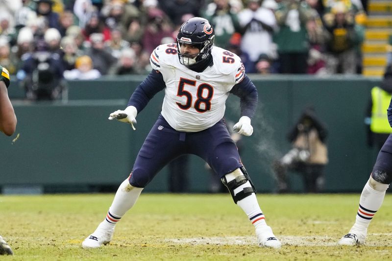 Jan 5, 2025; Green Bay, Wisconsin, USA; Chicago Bears offensive tackle Darnell Wright (58) during the game against the Green Bay Packers at Lambeau Field. Mandatory Credit: Jeff Hanisch-Imagn Images