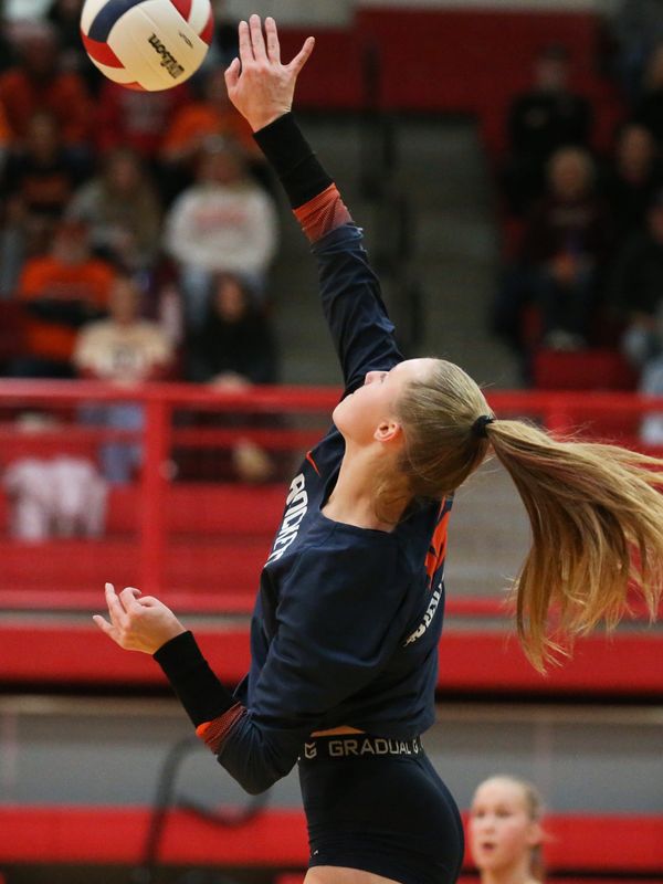Rochester's Peyton Ziedler attempts a kill against Columbia during the Class 2A Vandalia Supersectional on Monday, Nov. 10, 2025.