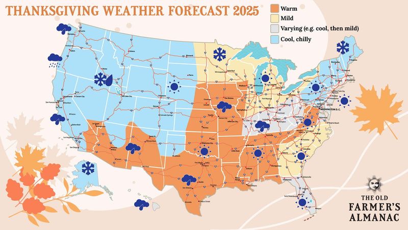 Thanksgiving 2025 weather, based on long-range weather predictions in The Old Farmer’s Almanac.
