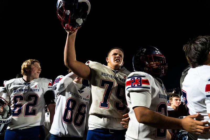 Belvidere North celebrates winning the 5A state quarterfinal game against Cary-Grove on Nov. 14, 2025, at Cary-Grove High School.