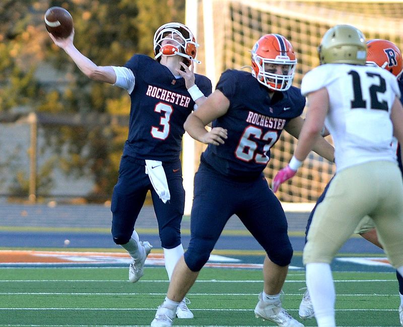 Rochester Quarterback JP Leonard makes a pass during the game against Sacred Heart-Griffin Saturday, Nov. 15, 2025.