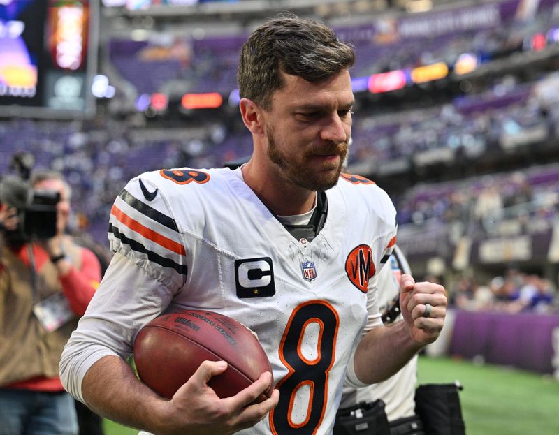 Nov 16, 2025; Minneapolis, Minnesota, USA; Chicago Bears kicker Cairo Santos (8) reacts after kicking a game-winning field goal against the Minnesota Vikings at U.S. Bank Stadium. Mandatory Credit: Jeffrey Becker-Imagn Images
