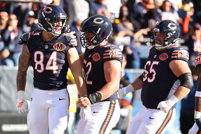 Nov 23, 2025; Chicago, Illinois, USA; Chicago Bears tight end Colston Loveland (84) reacts after scoring a touchdown against the Pittsburgh Steelers during the second half at Soldier Field. Mandatory Credit: Mike Dinovo-Imagn Images
