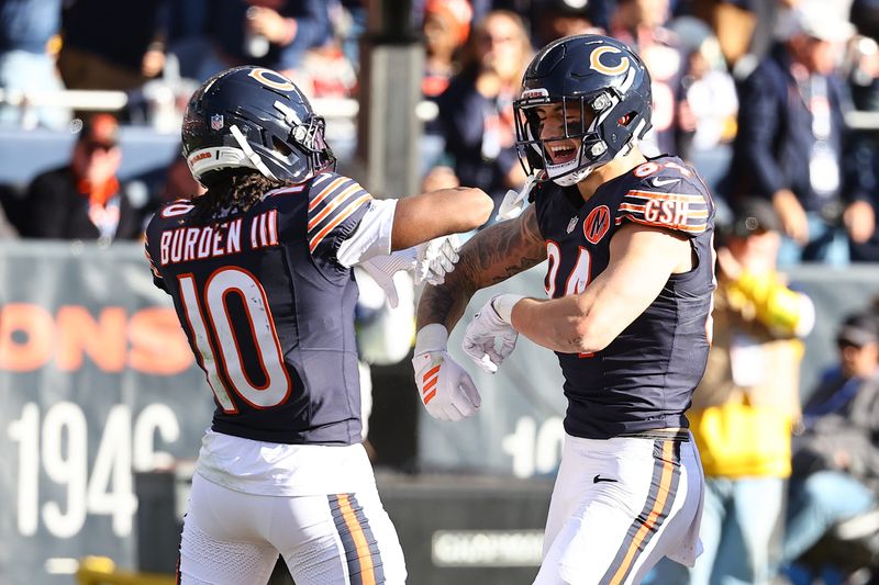 Nov 23, 2025; Chicago, Illinois, USA; Chicago Bears tight end Colston Loveland (84) reacts after scoring a touchdown against the Pittsburgh Steelers during the second half at Soldier Field. Mandatory Credit: Mike Dinovo-Imagn Images