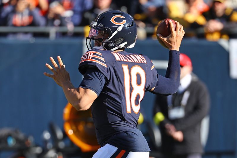 Nov 23, 2025; Chicago, Illinois, USA; Chicago Bears quarterback Caleb Williams (18) drops back to pass against the Pittsburgh Steelers during the second half at Soldier Field. Mandatory Credit: Mike Dinovo-Imagn Images