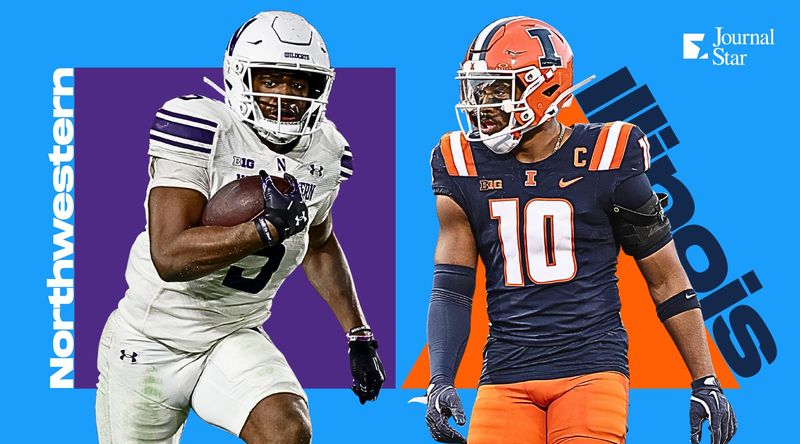 Caleb Komolafe and Northwestern, left, meet Miles Scott and Illinois in a college football game on Saturday, Nov. 29, 2025, at Gies Memorial Stadium in Champaign.