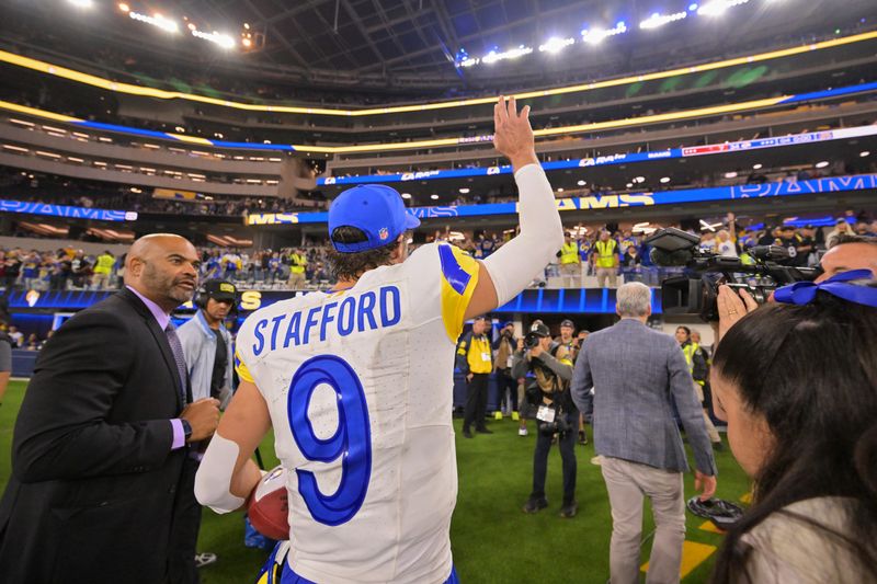 Nov 23, 2025; Inglewood, California, USA; Los Angeles Rams quarterback Matthew Stafford (9) acknowledges the crowd and walks off the field after the game against the Tampa Bay Buccaneers at SoFi Stadium. Mandatory Credit: Jayne Kamin-Oncea-Imagn Images