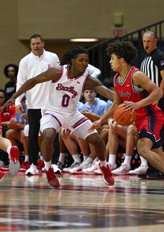 Bradley Braves guard Demarion Burch meant business with a 13-point first half that gave the Braves a 44-33 lead over Liberty at halftime of their third-place game in the Terry's Chocolate ESPN Events Invitational on Nov. 26, 2025.