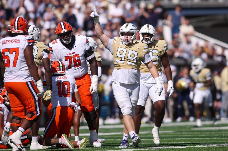 Oct 25, 2025; Atlanta, Georgia, USA; Georgia Tech Yellow Jackets defensive tackle Jordan van den Berg (99) reacts after a tackle against the Syracuse Orange in the second quarter at Bobby Dodd Stadium at Hyundai Field. Mandatory Credit: Brett Davis-Imagn Images