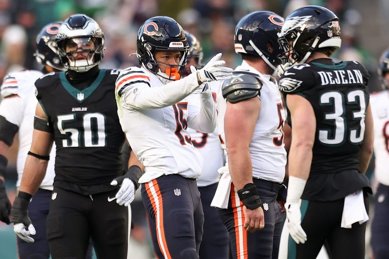 Nov 28, 2025; Philadelphia, Pennsylvania, USA; Chicago Bears wide receiver Rome Odunze (15) celebrates a first down against the Philadelphia Eagles during the first quarter of the game at Lincoln Financial Field. Mandatory Credit: Bill Streicher-Imagn Images