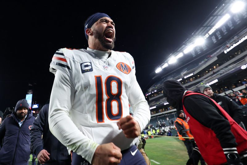 Nov 28, 2025; Philadelphia, Pennsylvania, USA; Chicago Bears quarterback Caleb Williams (18) celebrates after the game against the Philadelphia Eagles at Lincoln Financial Field. Mandatory Credit: Bill Streicher-Imagn Images