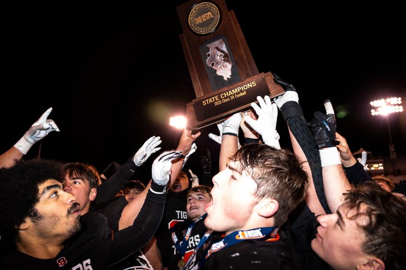 Byron celebrates winning the IHSA 3A football state championship game against Tolono Unity on Nov. 28, 2025, at Illinois State University in Normal.