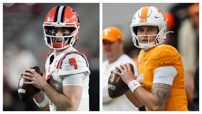 Illinois and quarterback Luke Altmyer, left, will face Tennessee and quarterback Joey Aguilar, right, in the Music City Bowl on Dec. 30, 2025.