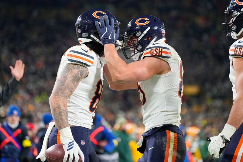 Dec 7, 2025; Green Bay, Wisconsin, USA; Chicago Bears tight end Colston Loveland (84) celebrates a touchdown in the fourth quarter against the Green Bay Packers at Lambeau Field. Mandatory Credit: Jeff Hanisch-Imagn Images