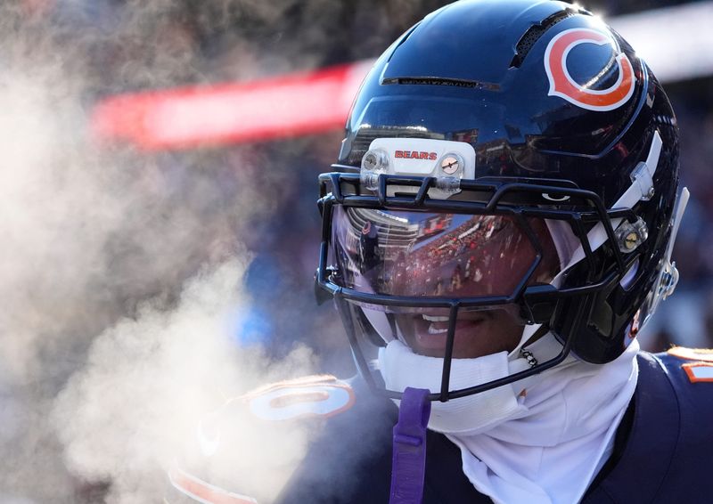 Dec 14, 2025; Chicago, Illinois, USA; Chicago Bears wide receiver Luther Burden III (10) walks off the field during halftime of the game against the Cleveland Browns at Soldier Field. Mandatory Credit: David Banks-Imagn Images