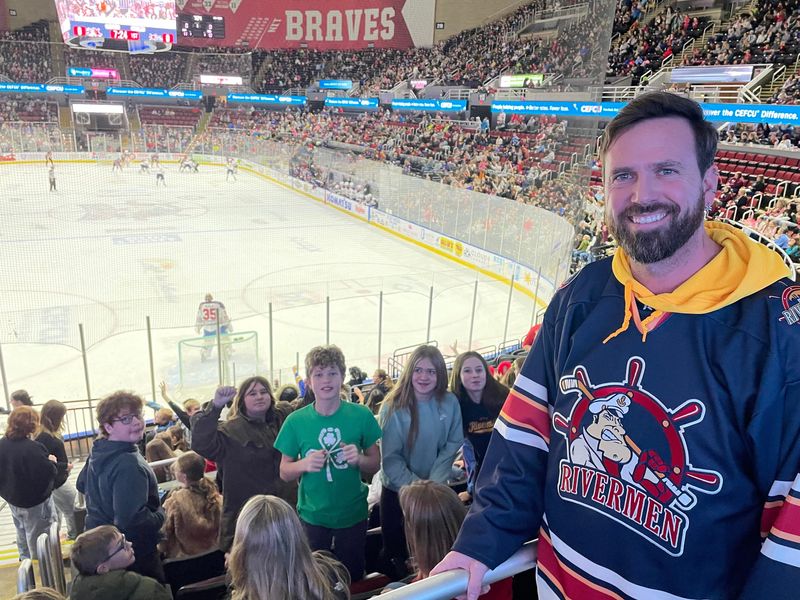 Rankin School principal Nick Beard, with his 80 students, enjoyed the Peoria Rivermen annual Education Day Game at Carver Arena when the SPHL team stepped up to get them buses and funding to transport the kids to the event Thursday, Dec. 18, 2025.