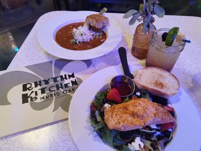 Customers can find entrees like salmon berry salad and Gumbo Ya-Ya at Rhythm Kitchen Music Cafe.