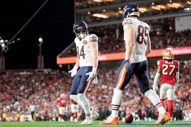 Dec 28, 2025; Santa Clara, California, USA; Chicago Bears tight end Colston Loveland (84) celebrates after scoring a touchdown against the San Francisco 49ers in the first half at Levi's Stadium. Mandatory Credit: Kyle Terada-Imagn Images