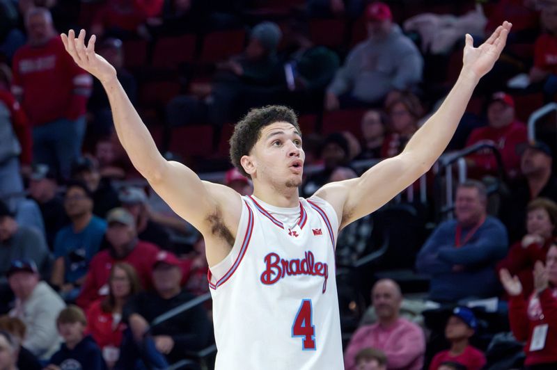 Bradley's Corey Thomas hypes the crowd as the Braves run out the clock on their 76-68 win over MVC foe Evansville on Monday, Dec. 29, 2025 at Carver Arena in Peoria.