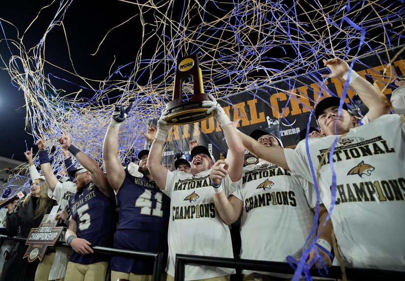 Montana State players celebrate after winning the FCS National Championship game against Illinois State at FirstBank Stadium in Nashville, Tenn., Monday, Jan. 5, 2026.