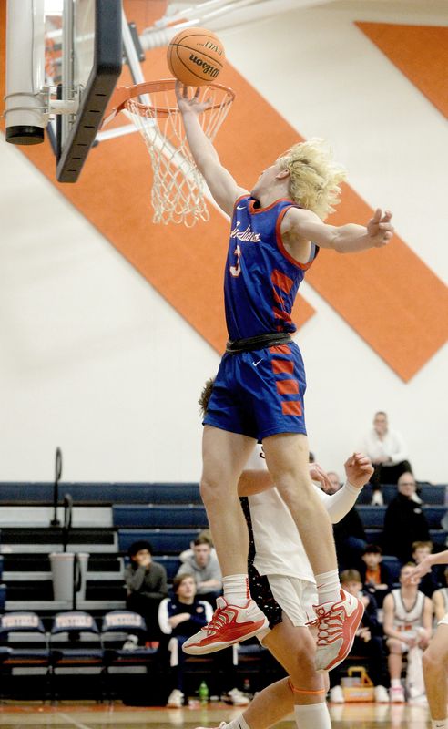 Pawnee sophomore Gavin Greer (in blue against New Berlin on Jan. 6), led Pawnee with 13 points in a 44-25 win in the Sangamon County Tournament opening game on Monday, Jan. 12, 2026.