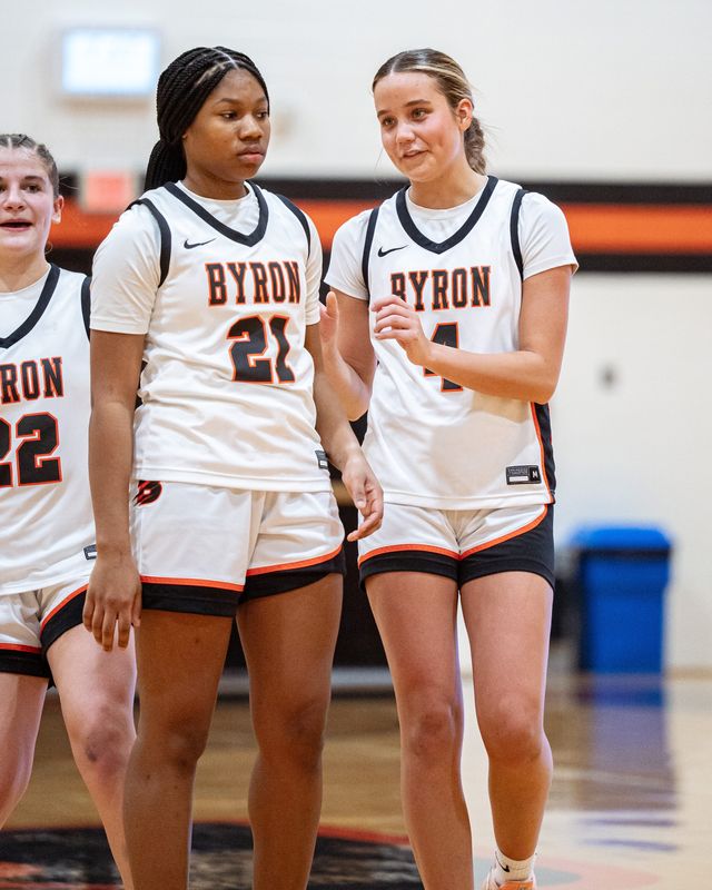 Byron stars Macy Groharing (right) and Malia Morton talk things over during a game earlier this season.