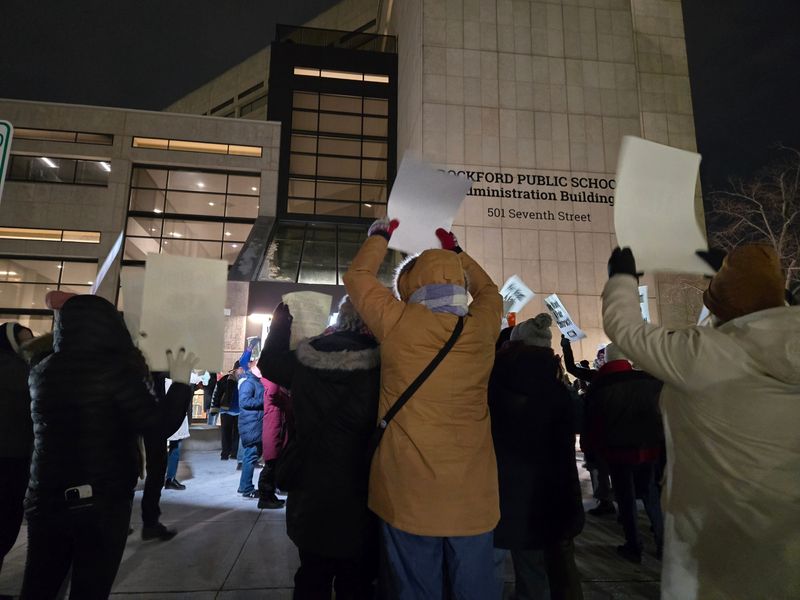 Rockford Public Schools teachers rally outside a school board meeting Jan. 20, 2026, amid labor agreement negotiations with the school system that have stalled.