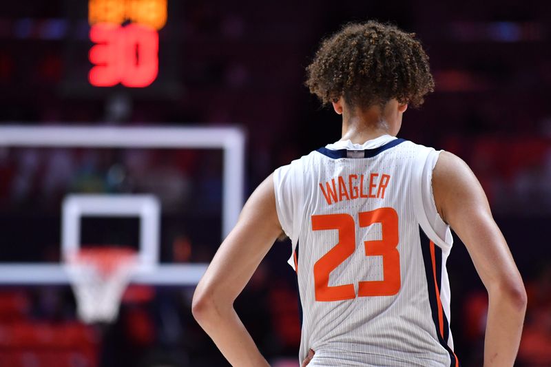 Dec 29, 2025; Champaign, Illinois, USA; Illinois Fighting Illini guard Keaton Wagler (23) during the second half against the Southern University Jaguars at State Farm Center. Mandatory Credit: Ron Johnson-Imagn Images
