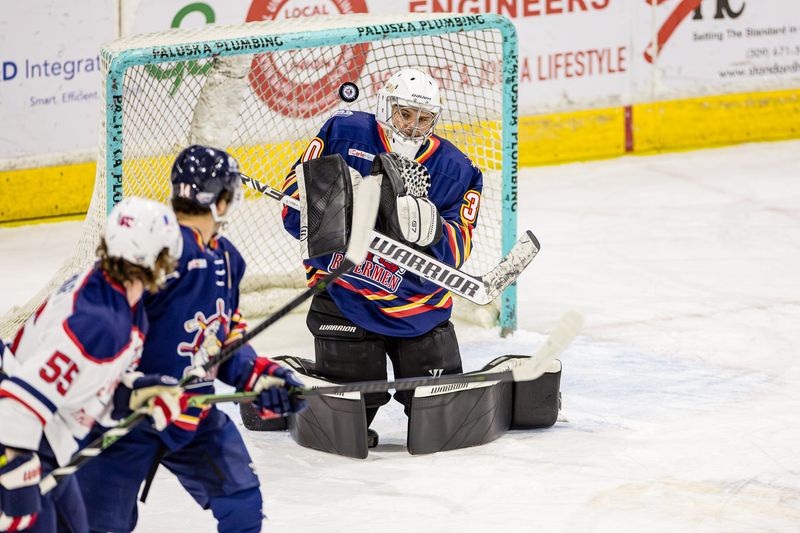 Peoria Rivermen goaltender Connor McAnanama fights off a shot and carried a shutout through nearly 54 minutes to lead a 3-1 victory over Evansville in an SPHL game at Carver Arena on Sunday, Jan. 25, 2026.