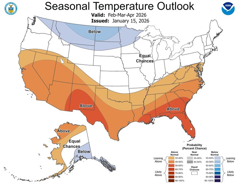 A seasonal temperature outlook map issued Jan. 15, 2026 by the National Oceanic and Atmospheric Administration shows what parts of the United States are leaning above, below, or have equal chances for above or below normal temperatures in February, March and April.