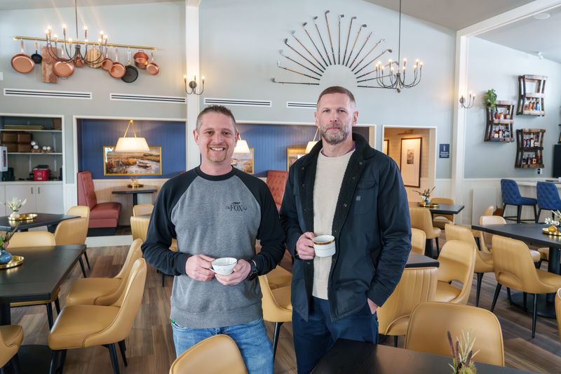 Fox Pub & Cafe owner Matt Rixner, left, and former Bearded Owl Brewery owner Nick Babcock stand in the newly finished Fairways restaurant at the Peoria Park District's Golf Learning Center & Academy at 7815 N. Radnor Road in Peoria.