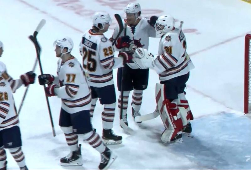 The Peoria Rivermen surround goaltender Nick Latinovich after his 1-0 shutout over Huntsville secured Peoria's 12th consecutive win on Saturday, Jan. 31, 2026 at Propst Arena in Huntsville, Ala.