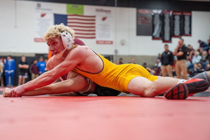 Lena-Winslow/Stockton's Arrison Bauer checks out his score en route to the 144-pound title at the Class 1A regional on Jan. 31, 2026, in Stillman Valley.