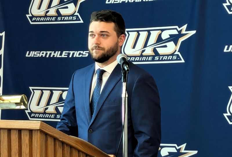 Colin Wood is introduced as the University of Illinois Springfield's first women's flag football coach at The Recreation and Athletic Center on Tuesday, Feb. 3.