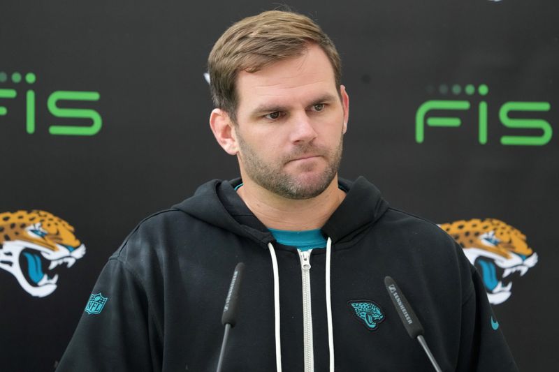 Oct 17, 2024; Watford, United Kingdom; Jacksonville Jaguars offensive coordinator Press Taylor during press conference at The Grove. Mandatory Credit: Kirby Lee-Imagn Images