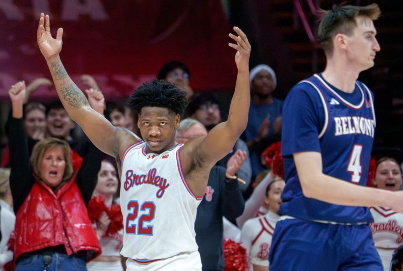 Bradley's Jaquan Johnson celebrates as overtime expires in the Braves' 95-84 win over Belmont on Monday, Feb. 9, 2026 at Carver Arena.