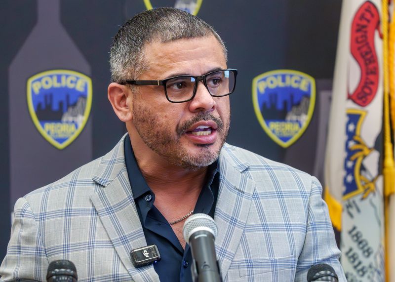 Peoria Police Chief Eric Echevarria speaks about Tuesday's high-speed pursuit during a press conference Wednesday, Feb. 18. 2026 at police headquarters in Downtown Peoria.