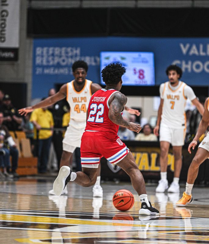 Bradley Braves guard Jaquan Johnson brings the ball up during the Braves 79-72 loss to Valparaiso at The ARC in Valparaiso, Ind., on Feb. 18, 2026.