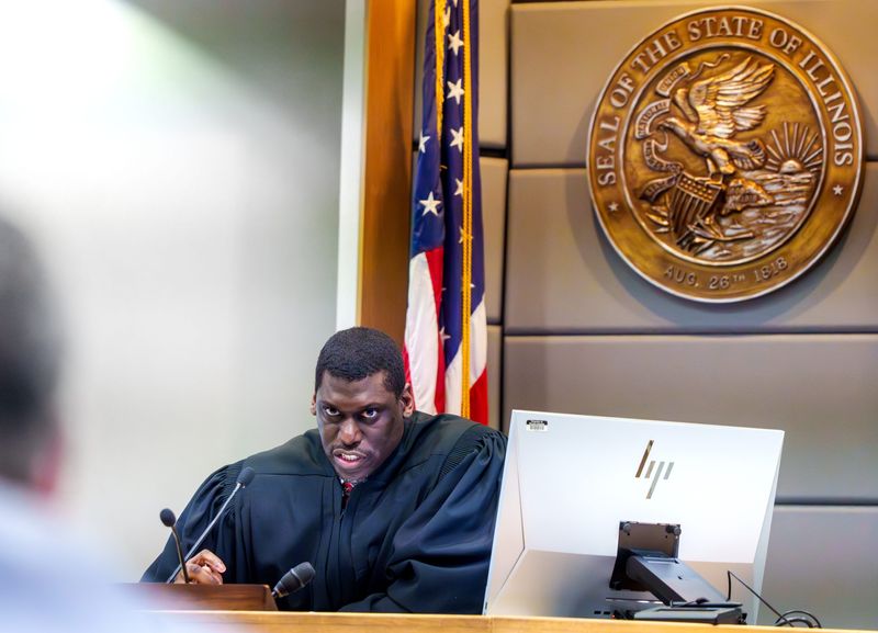 Judge Vincent Cail presides over a detention hearing Thursday, Feb. 19, 2026 for two suspects involved in a violent robbery and high-speed chase Tuesday morning in Peoria.