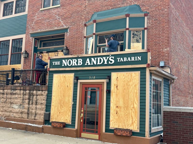The Hickox Building, the former home of Norb Andy's Tabarin, is boarded up on Feb. 28, 2026, after sustaining damage in a fire earlier that morning. The building, which dates from the 1830s, is on the market.