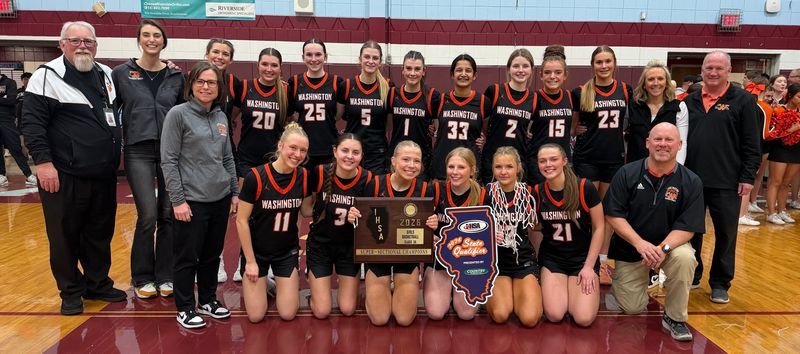 The Washington girls basketball team poses with their Class 3A supersectional plaque after a 73-47 win over New Lenox Providence Catholic on Monday, March 2, 2026. No. 1 Washington advances to the state finals for the second consecutive season.