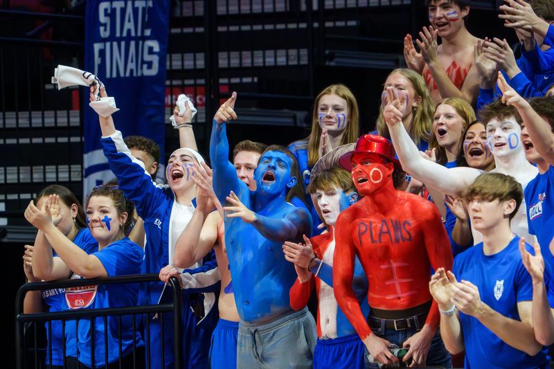 A colorful group of fans in the student section cheer on Pleasant Plains as they battle Breese Central in the Class 2A girls basketball state semifinals Thursday, March 5, 2026 at CEFCU Arena in Normal. Breese Central advanced to the title game with a 48-40 win.