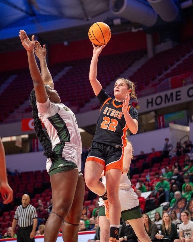 Aubrey Fuller goes up for the layup for Byron during her strong performance in the Class 2A girls basketball semifinals on March 5, 2026, in Normal.