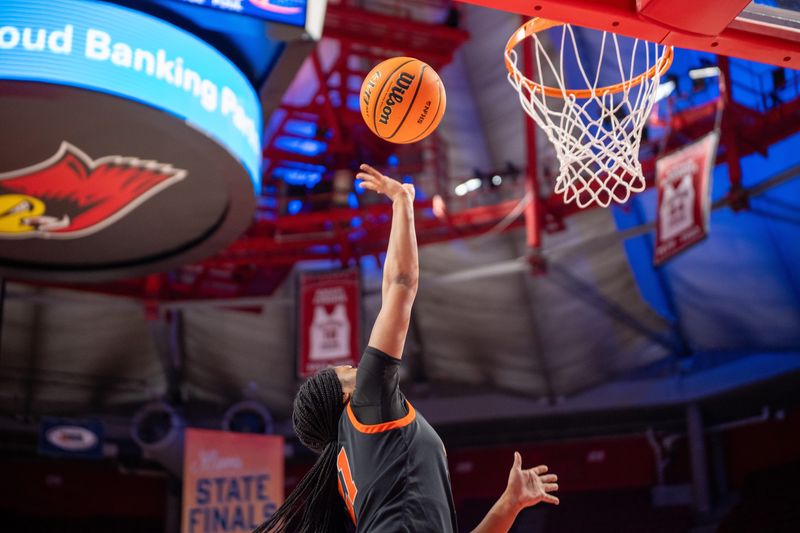 Byron's Malia Morton goes up for the tip during the Class 2A girls basketball semifinals on March 5, 2026, in Normal.