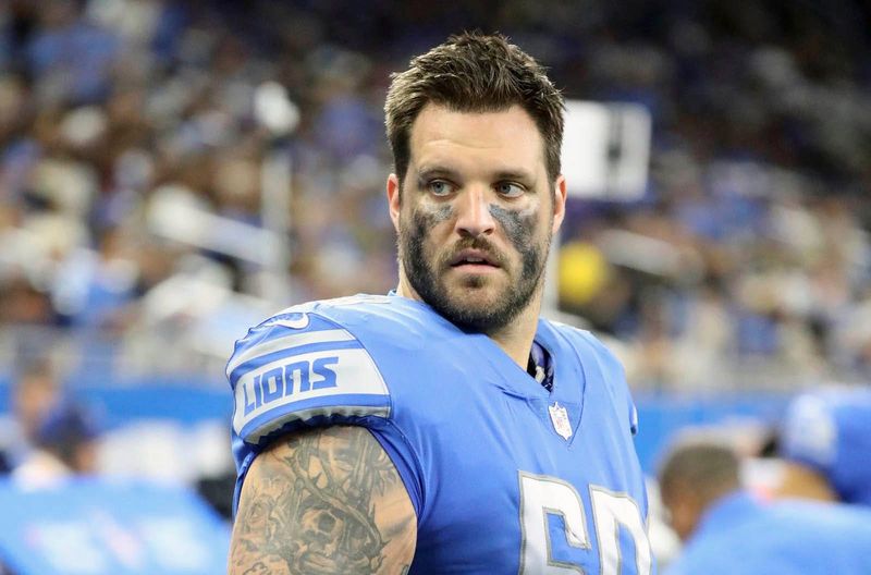 Aug 12, Detroit, MI, USA; Detroit Lions offensive tackle Taylor Decker on the bench during the second half against the Atlanta Falcons at Ford Field. Mandatory Credit: Kirthmon F. Dozier-USA TODAY Sports