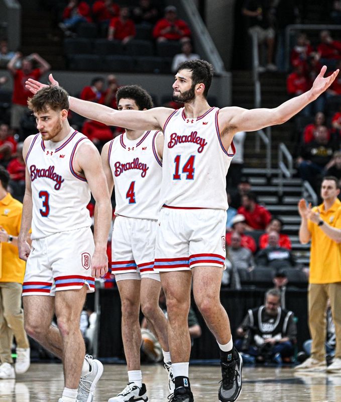 Ahmet Jonovic (14), Alex Huibregtse (3) and Corey Thomas (4) help the Bradley Braves to a 90-84 double-overtime victory over Valparaiso in the quarterfinals of the Missouri Valley Conference Tournament at Enterprise Center in St. Louis on March 6, 2026.